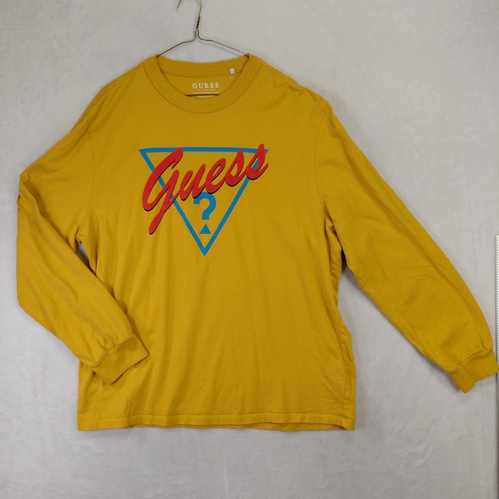 Guess Los Angeles Mens Mustard Yellow Long Sleeve Graphic T-Shirt Large Logo